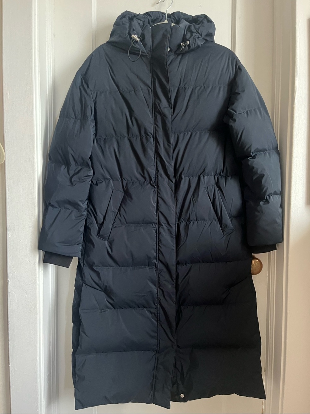 Theory Long Hooded Puffer Coat in Dark Navy